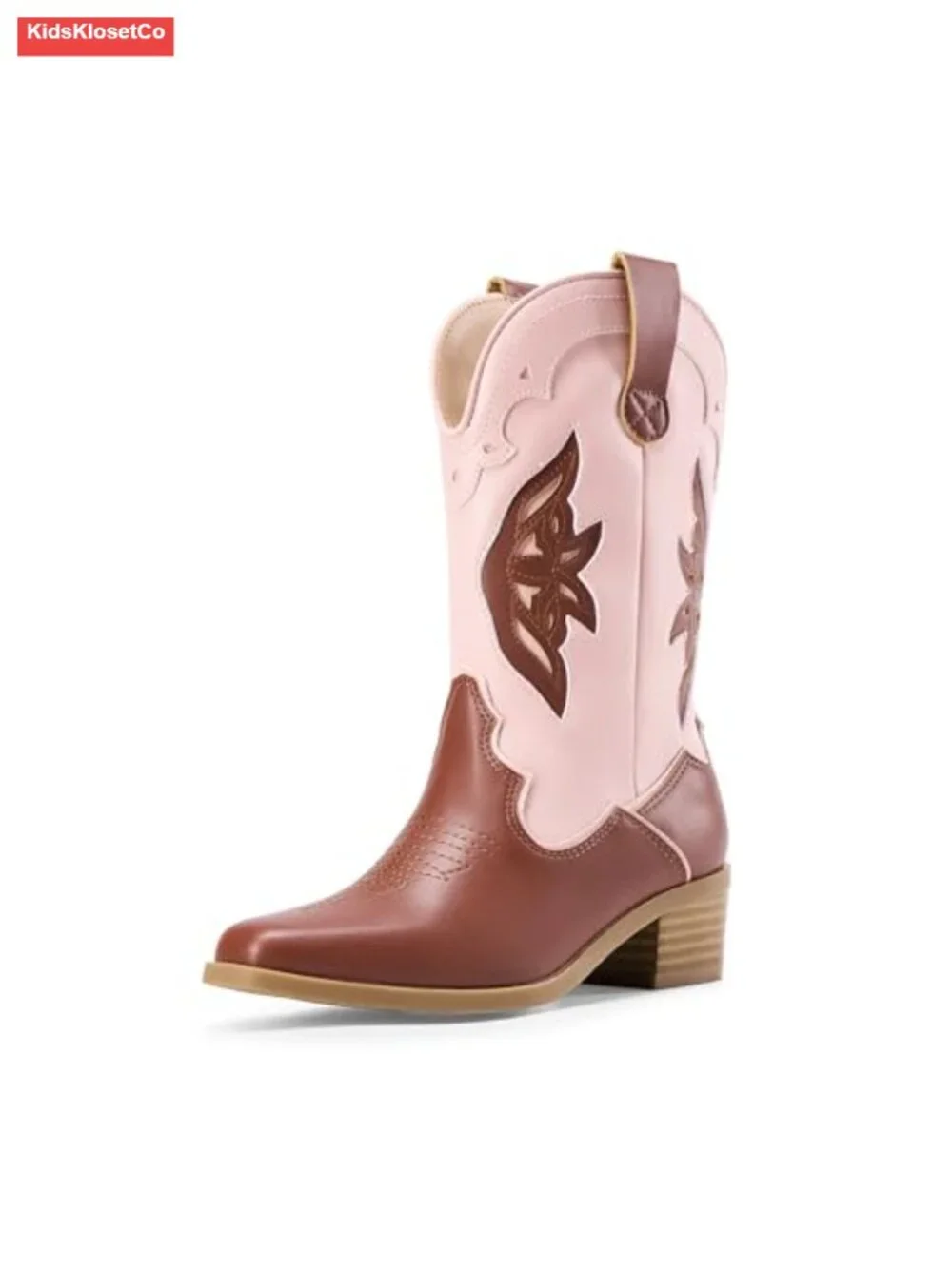 Girls Mid-Calf Cowboy Boots with Butterfly Embroidery, Faux Leather